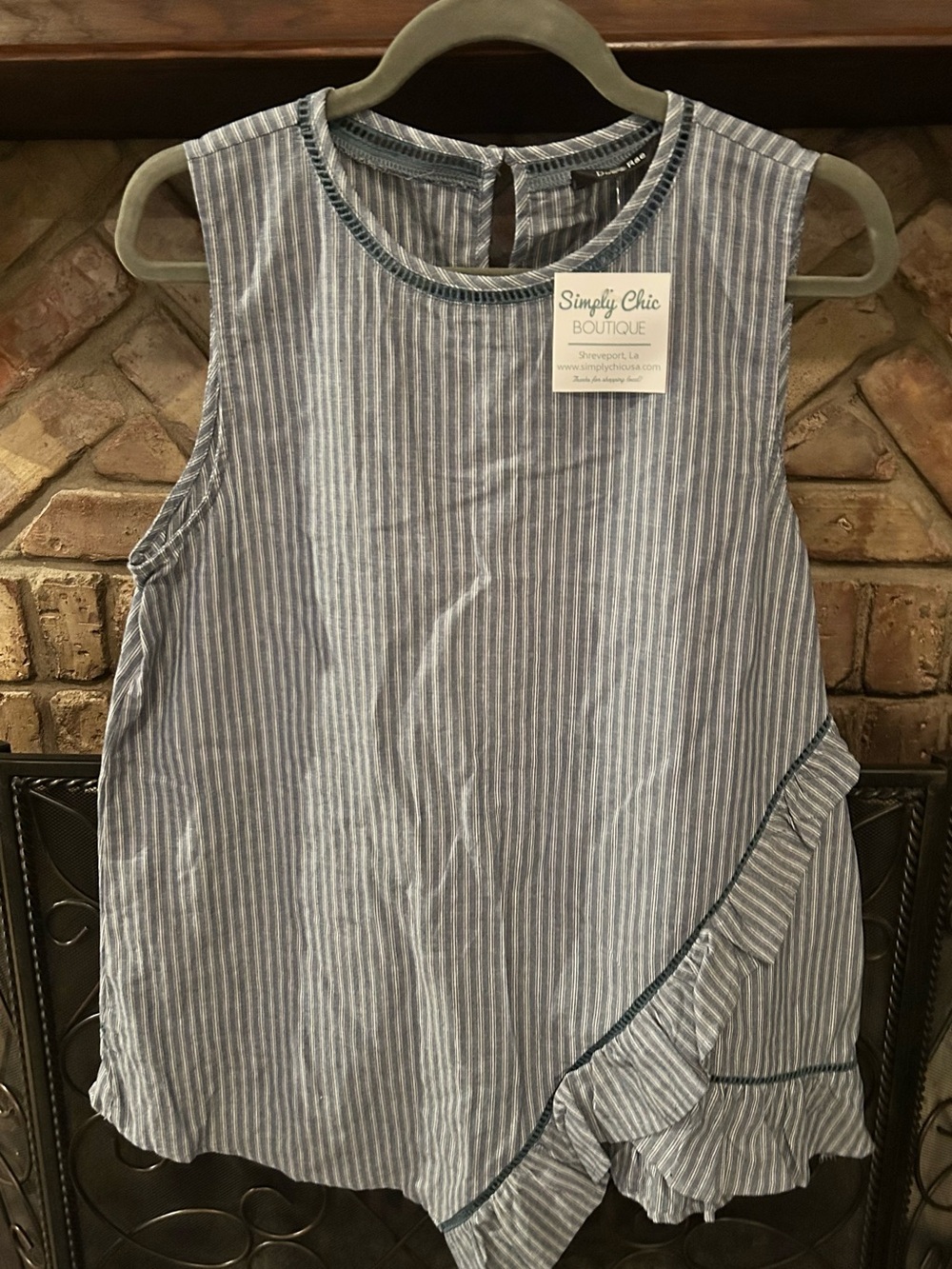 Doe & Rae Blue and White Striped Ruffle Tank Top
